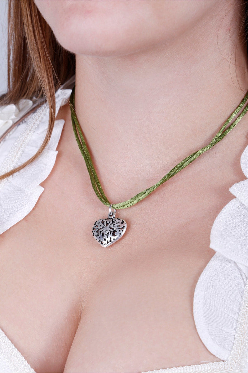 Silver Heart  Olive Green Velvet Necklace
