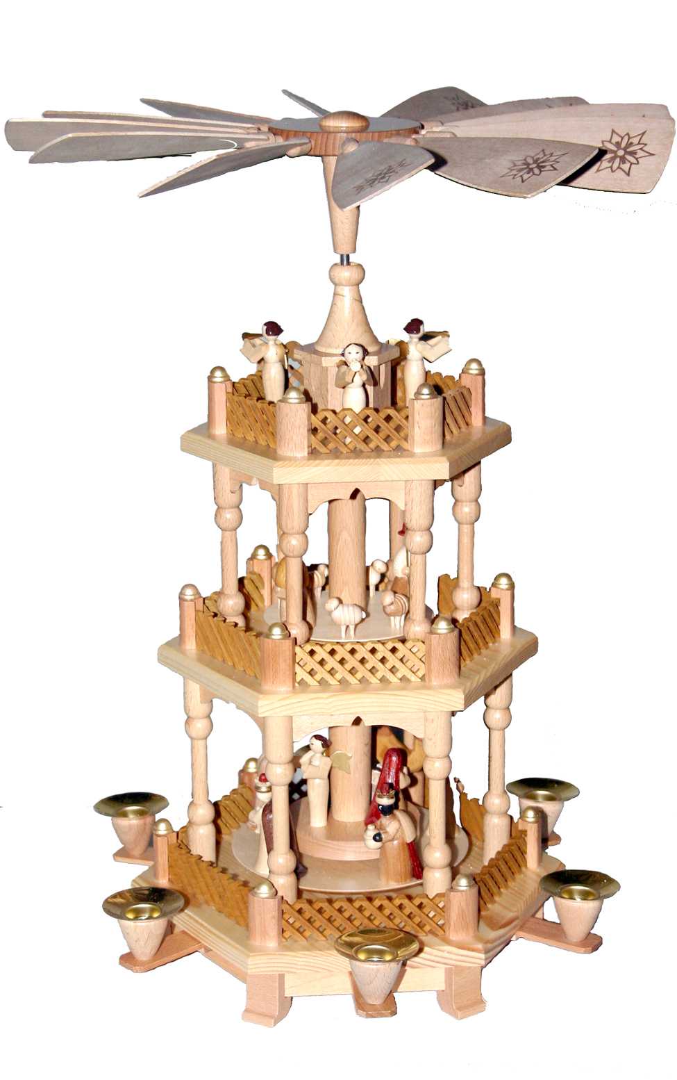 Pyramid - 3 tiers - Nativity Scene. Wise men Shepherds and Angels  Natrual Finish