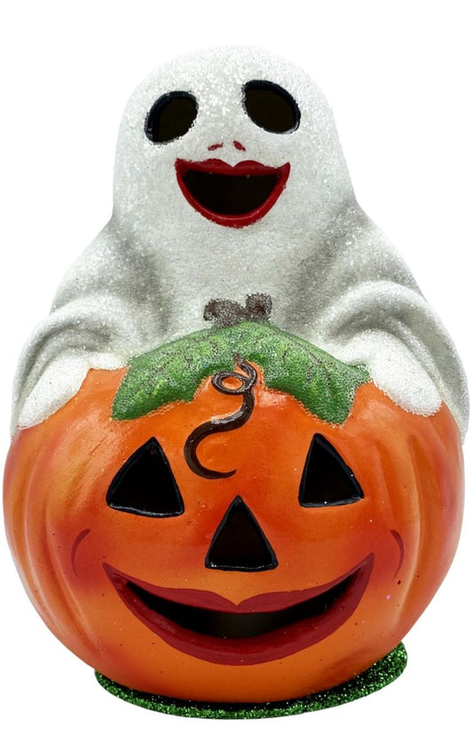 Schaller Paper Mache Candy Container - Ghost on Pumpkin